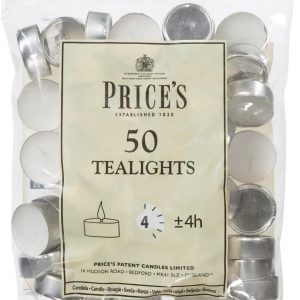 Prices Patent Candles White Tealights Bag, Pack of 50, Wax, l x 3.8cm w x 1.8cm h, Unscented