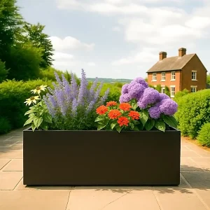 80cm Trough Garden Planter, Black Reinforced Stone Rectangular Planter, Outdoor Large Plant Pot